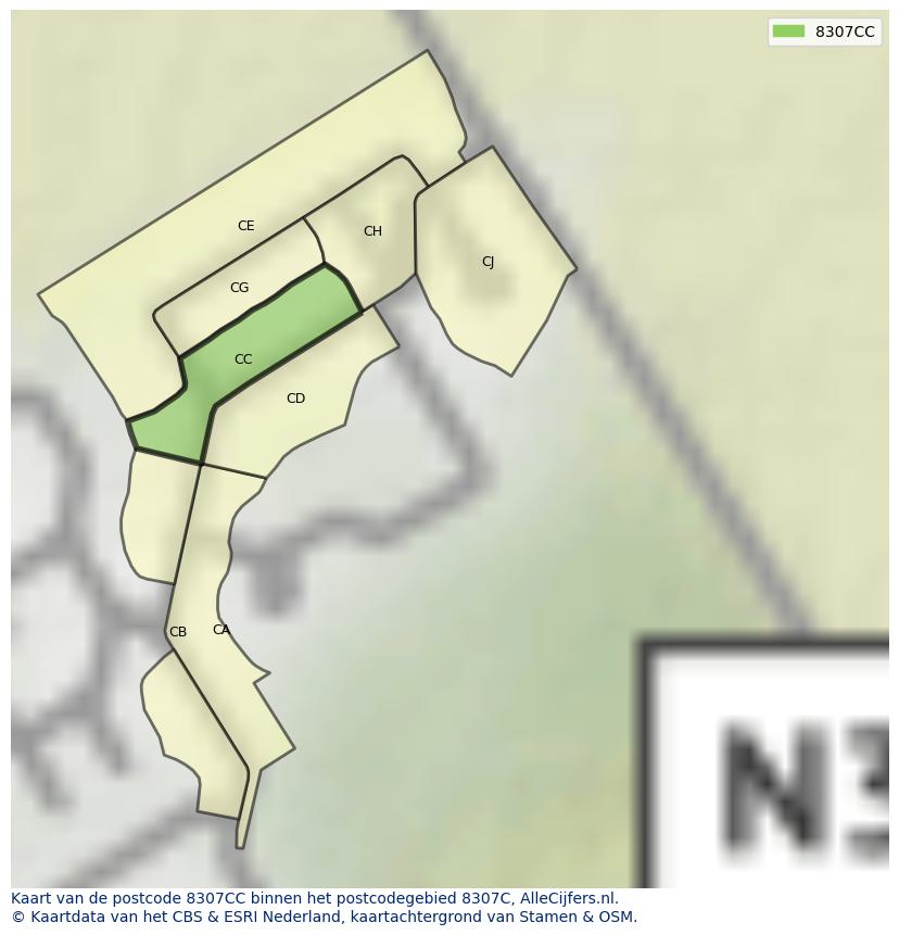 Afbeelding van het postcodegebied 8307 CC op de kaart.