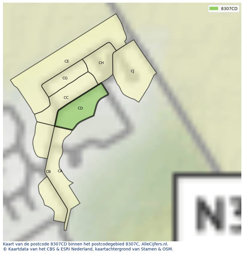 Afbeelding van het postcodegebied 8307 CD op de kaart.