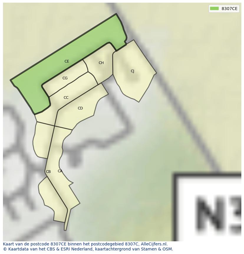 Afbeelding van het postcodegebied 8307 CE op de kaart.
