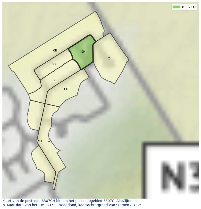 Afbeelding van het postcodegebied 8307 CH op de kaart.
