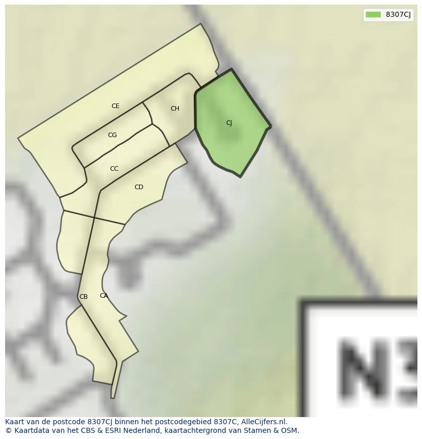 Afbeelding van het postcodegebied 8307 CJ op de kaart.