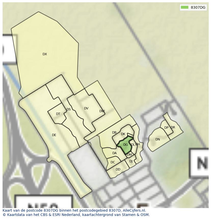 Afbeelding van het postcodegebied 8307 DG op de kaart.