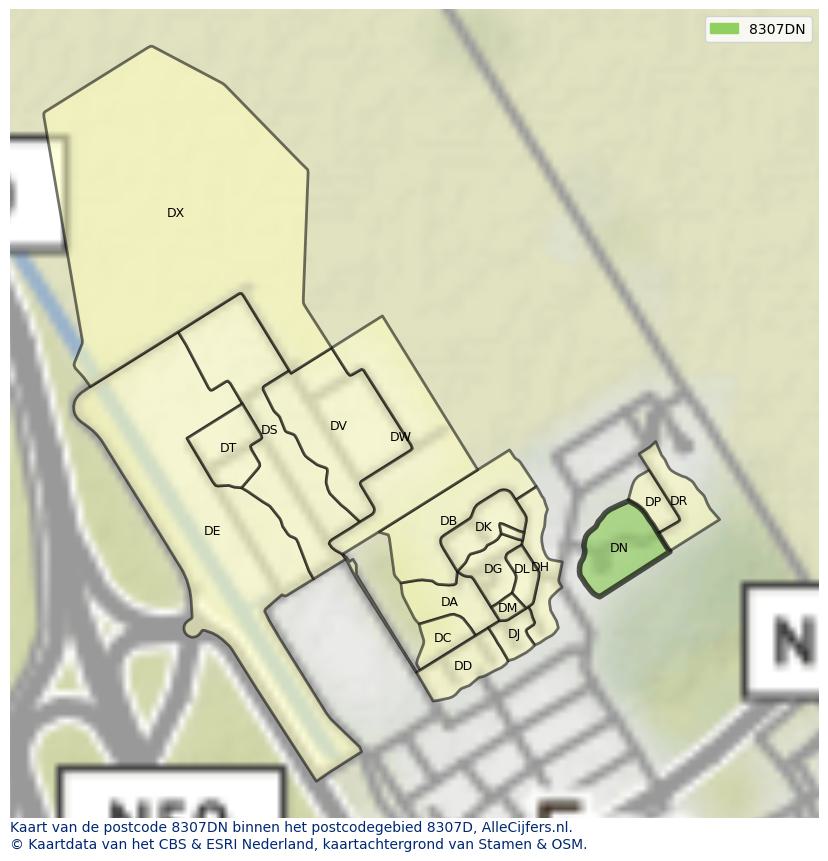 Afbeelding van het postcodegebied 8307 DN op de kaart.