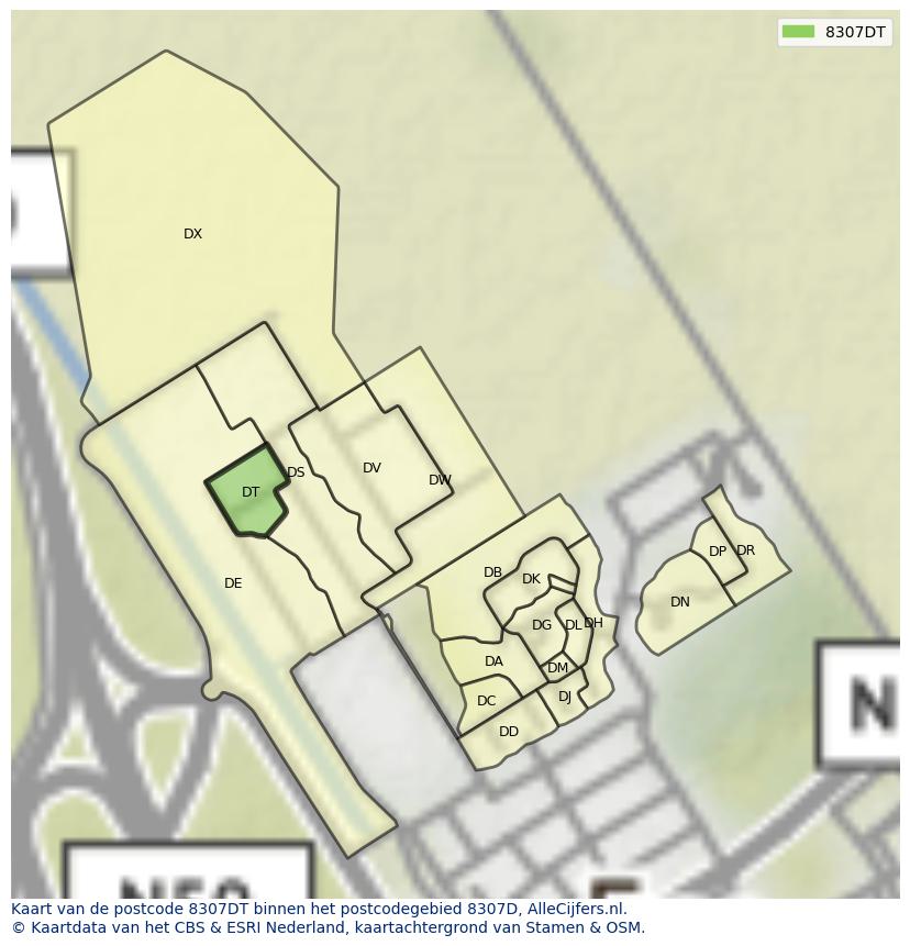 Afbeelding van het postcodegebied 8307 DT op de kaart.