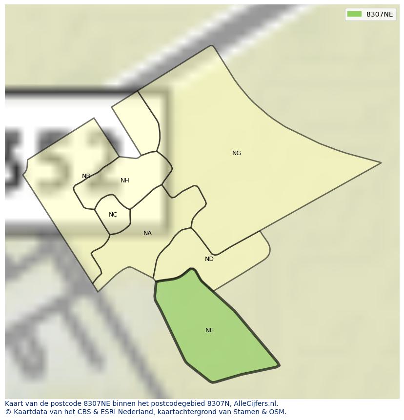 Afbeelding van het postcodegebied 8307 NE op de kaart.