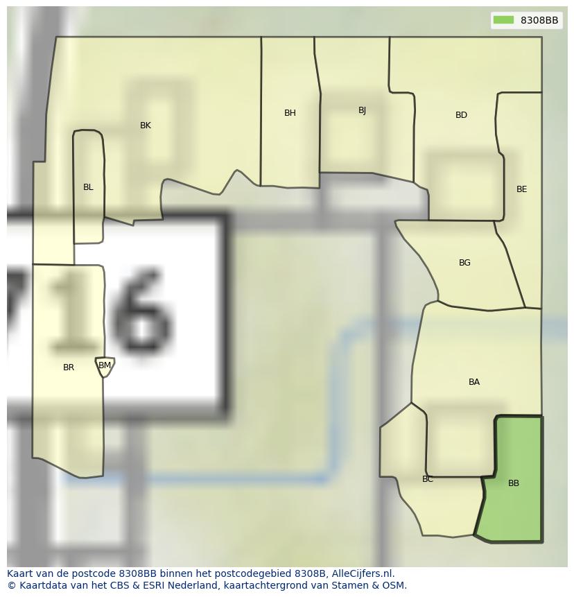 Afbeelding van het postcodegebied 8308 BB op de kaart.