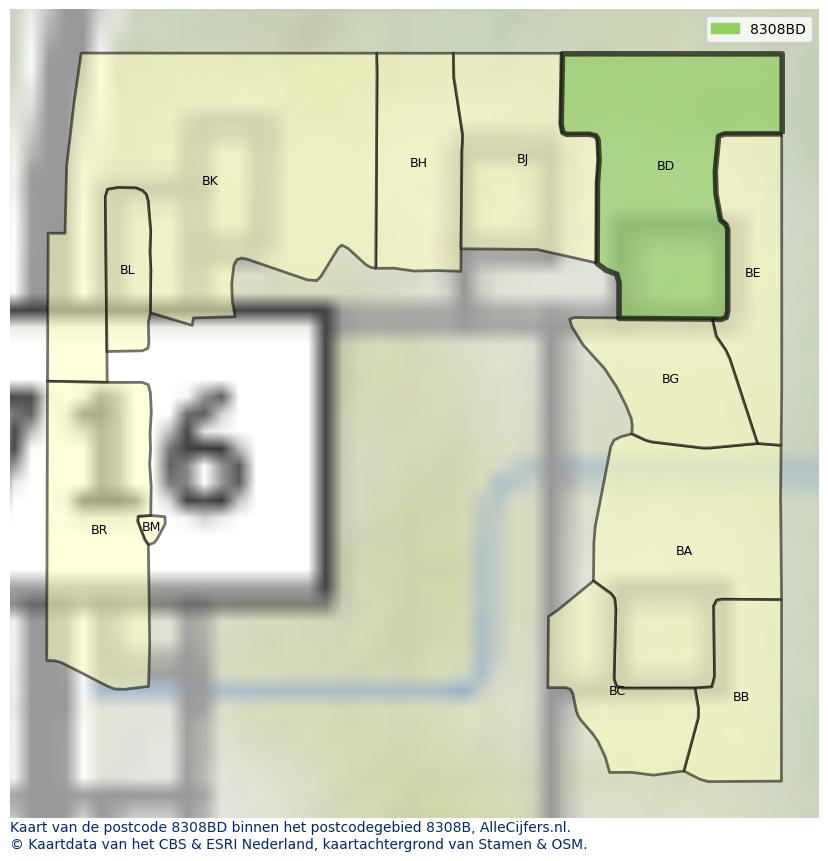 Afbeelding van het postcodegebied 8308 BD op de kaart.