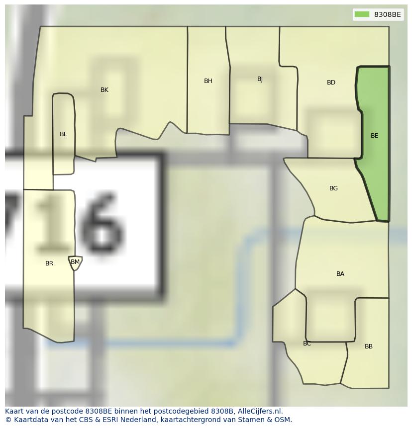 Afbeelding van het postcodegebied 8308 BE op de kaart.