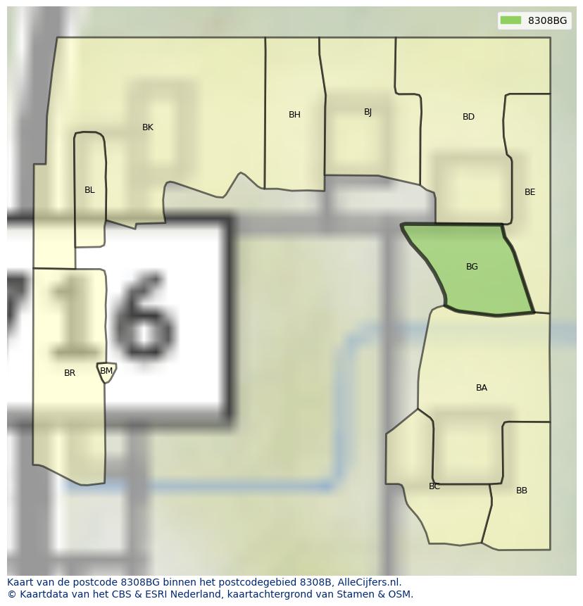 Afbeelding van het postcodegebied 8308 BG op de kaart.