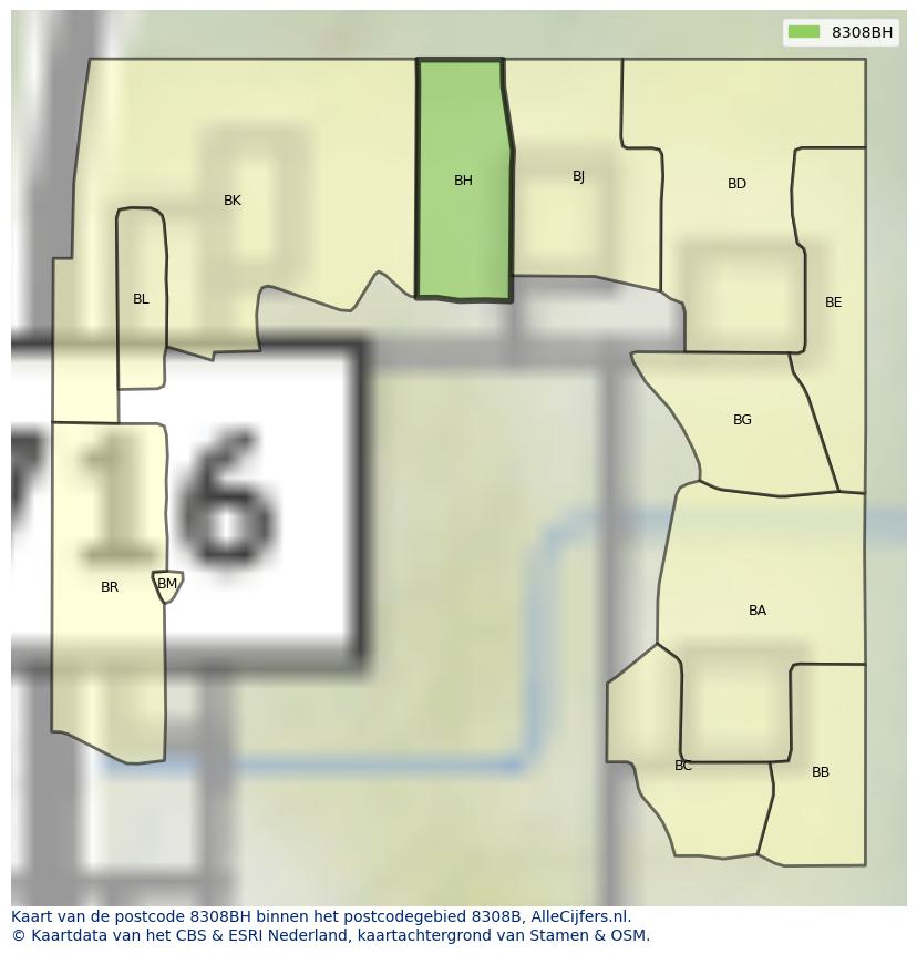 Afbeelding van het postcodegebied 8308 BH op de kaart.