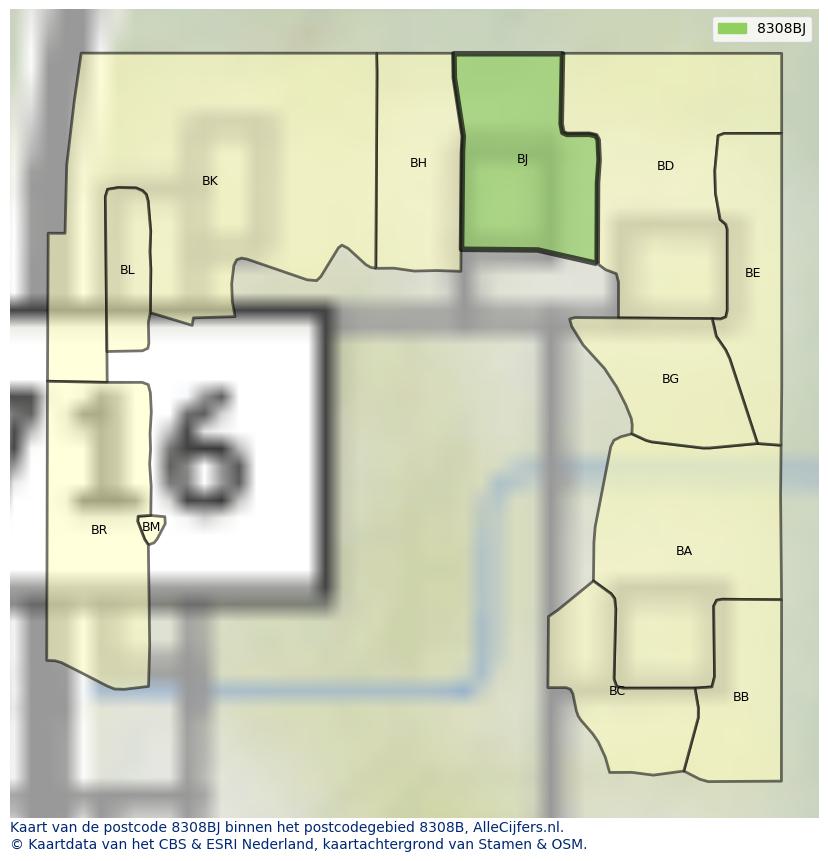 Afbeelding van het postcodegebied 8308 BJ op de kaart.