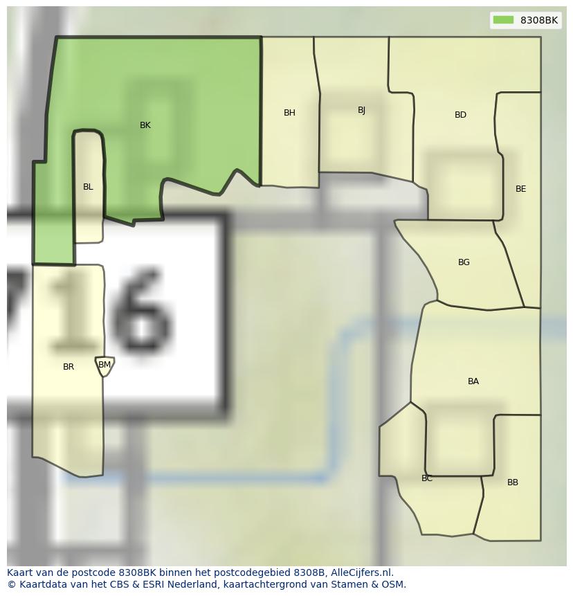 Afbeelding van het postcodegebied 8308 BK op de kaart.