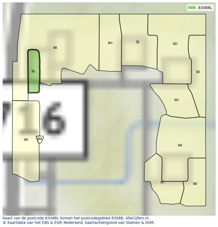 Afbeelding van het postcodegebied 8308 BL op de kaart.
