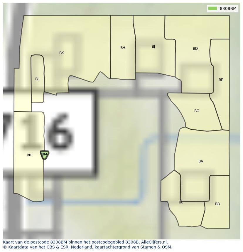 Afbeelding van het postcodegebied 8308 BM op de kaart.