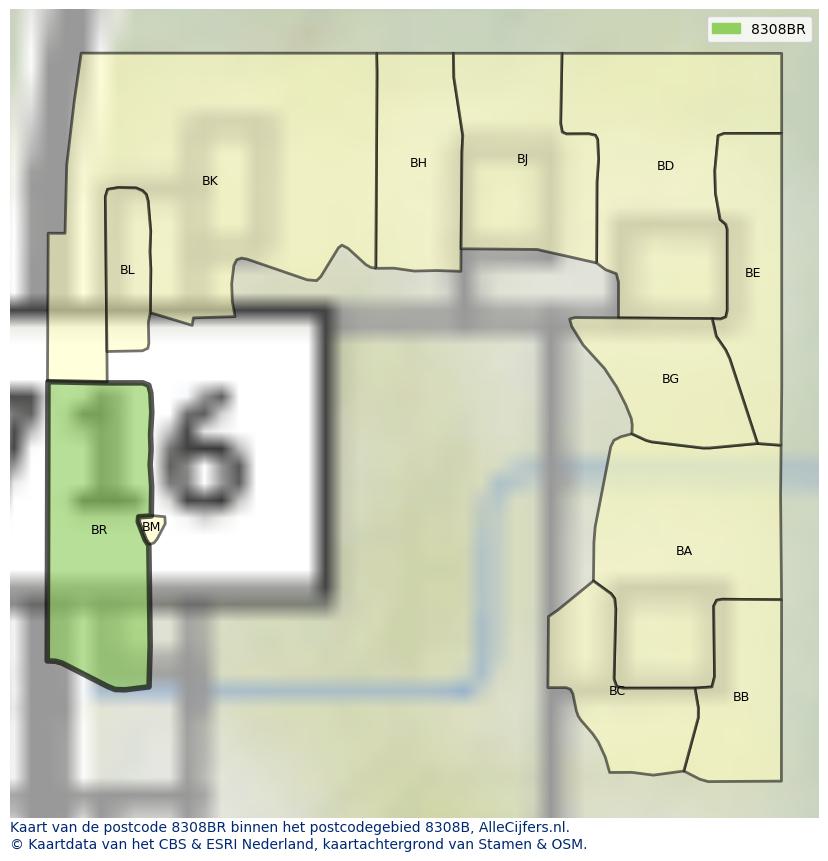 Afbeelding van het postcodegebied 8308 BR op de kaart.
