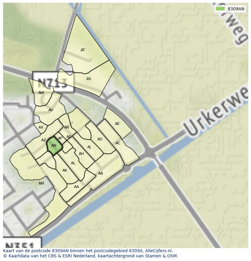 Afbeelding van het postcodegebied 8309 AN op de kaart.