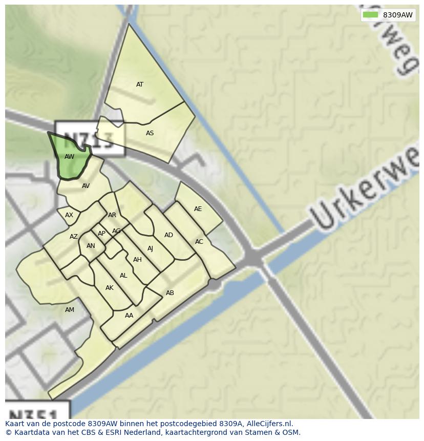 Afbeelding van het postcodegebied 8309 AW op de kaart.