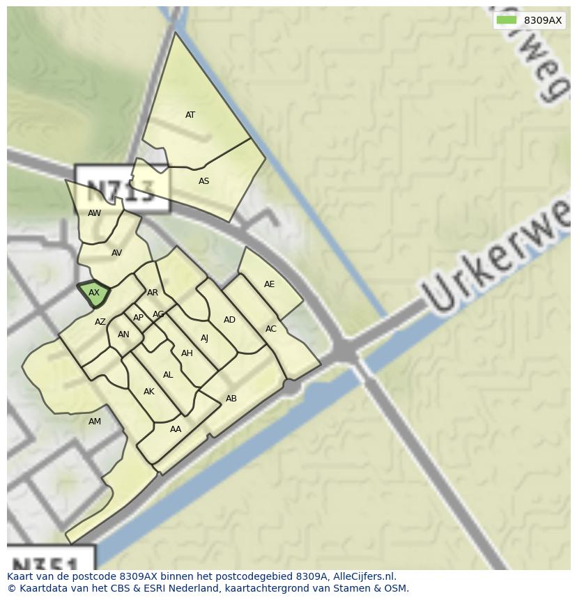 Afbeelding van het postcodegebied 8309 AX op de kaart.