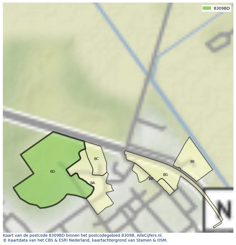 Afbeelding van het postcodegebied 8309 BD op de kaart.