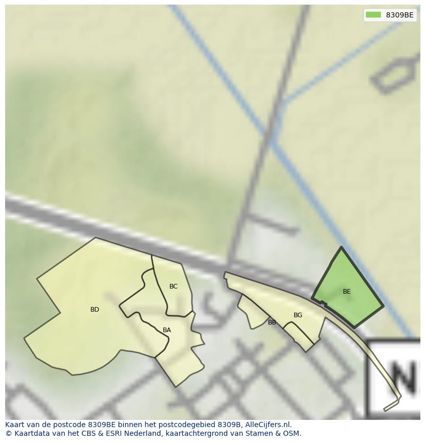 Afbeelding van het postcodegebied 8309 BE op de kaart.