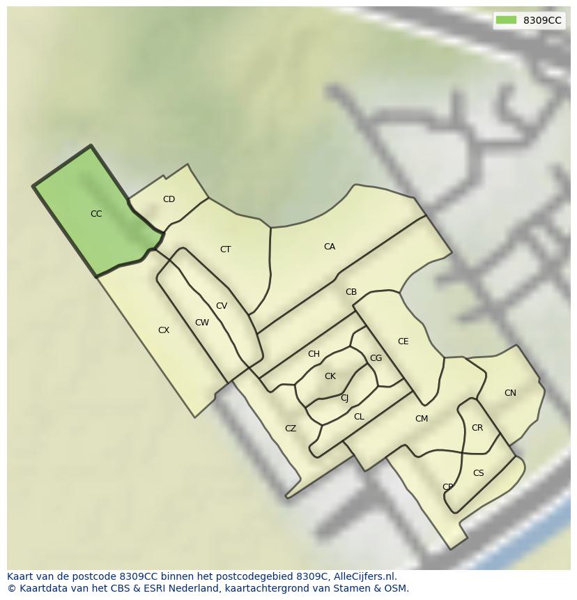 Afbeelding van het postcodegebied 8309 CC op de kaart.