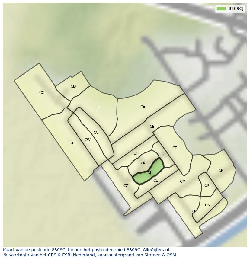 Afbeelding van het postcodegebied 8309 CJ op de kaart.