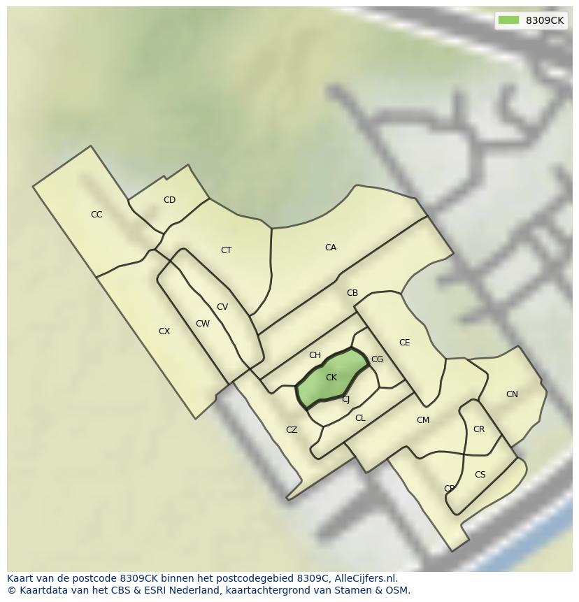 Afbeelding van het postcodegebied 8309 CK op de kaart.