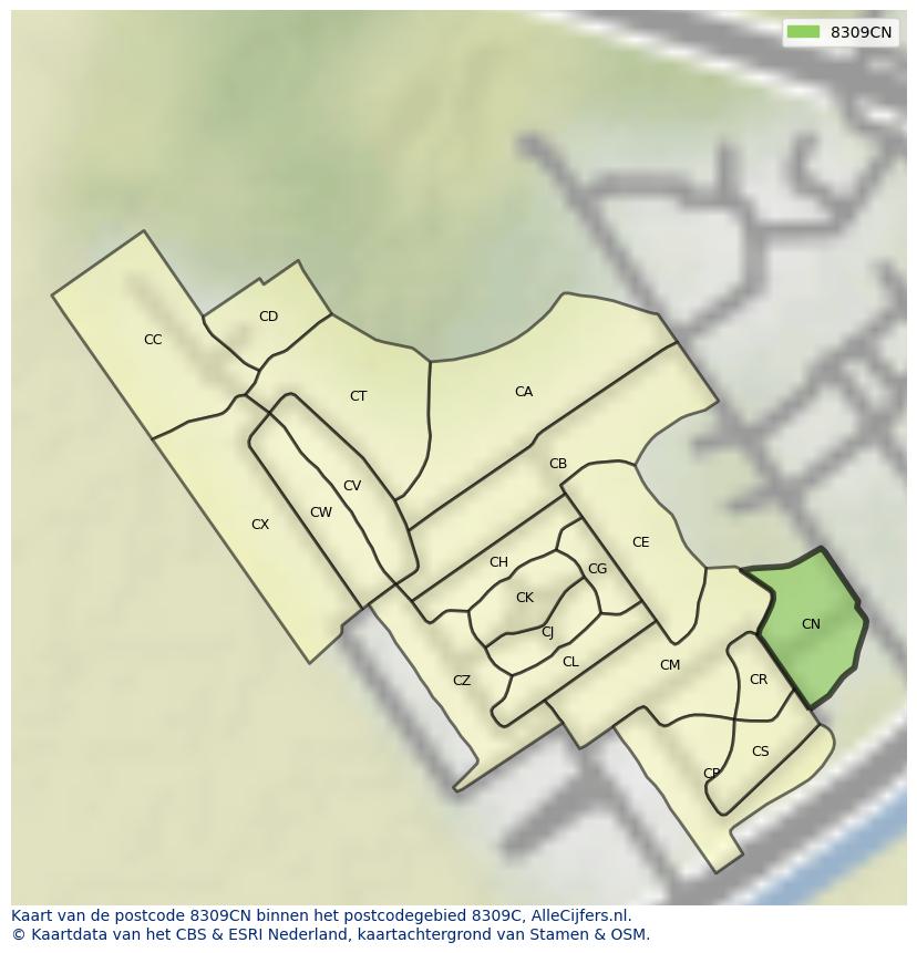 Afbeelding van het postcodegebied 8309 CN op de kaart.