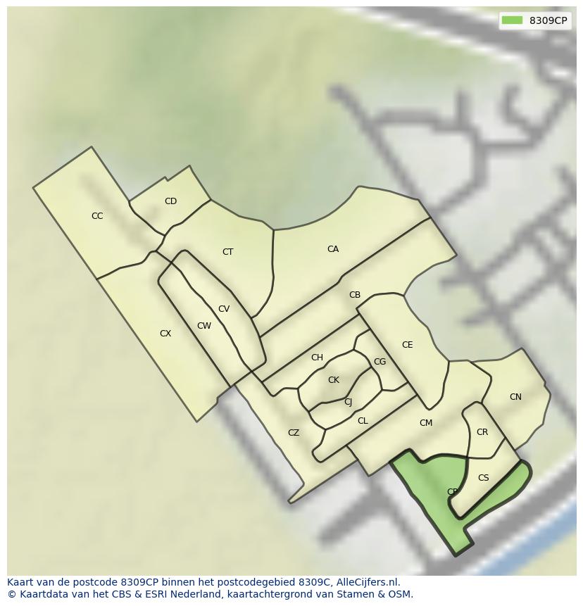 Afbeelding van het postcodegebied 8309 CP op de kaart.