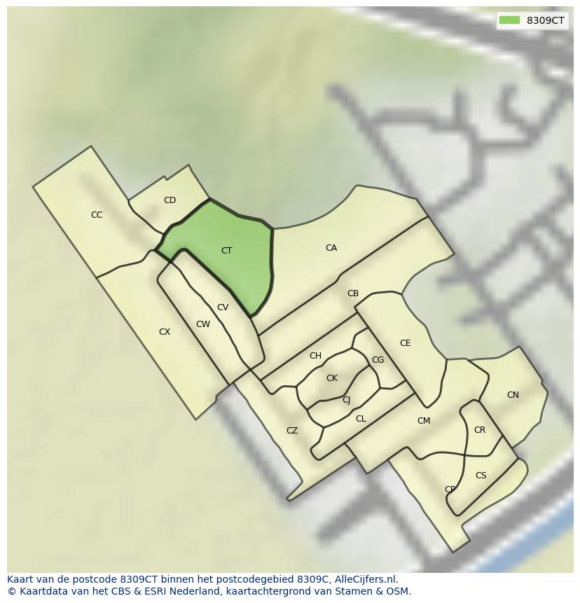 Afbeelding van het postcodegebied 8309 CT op de kaart.