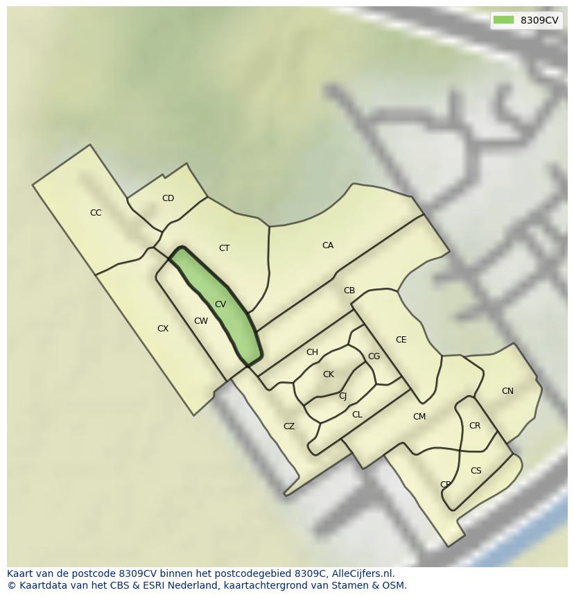 Afbeelding van het postcodegebied 8309 CV op de kaart.