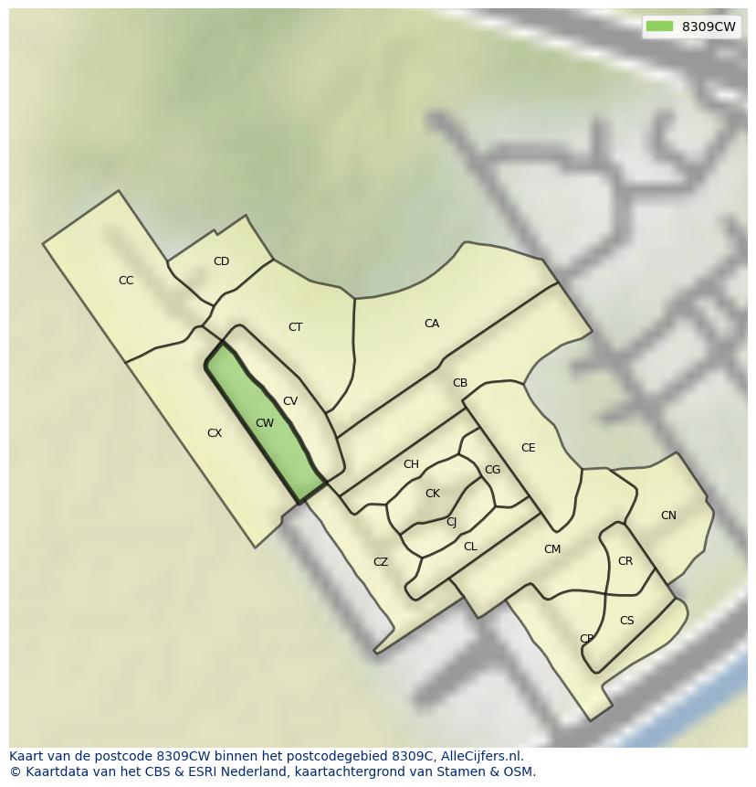 Afbeelding van het postcodegebied 8309 CW op de kaart.