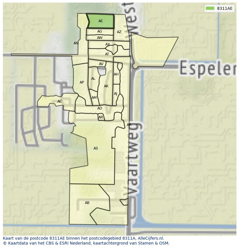 Afbeelding van het postcodegebied 8311 AE op de kaart.