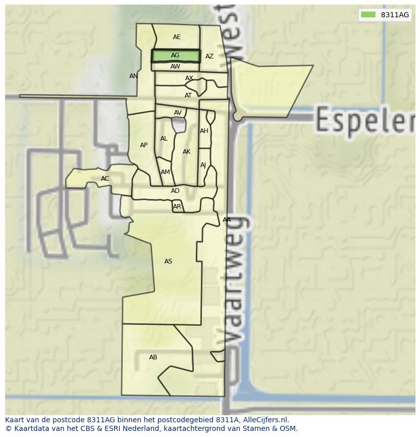 Afbeelding van het postcodegebied 8311 AG op de kaart.
