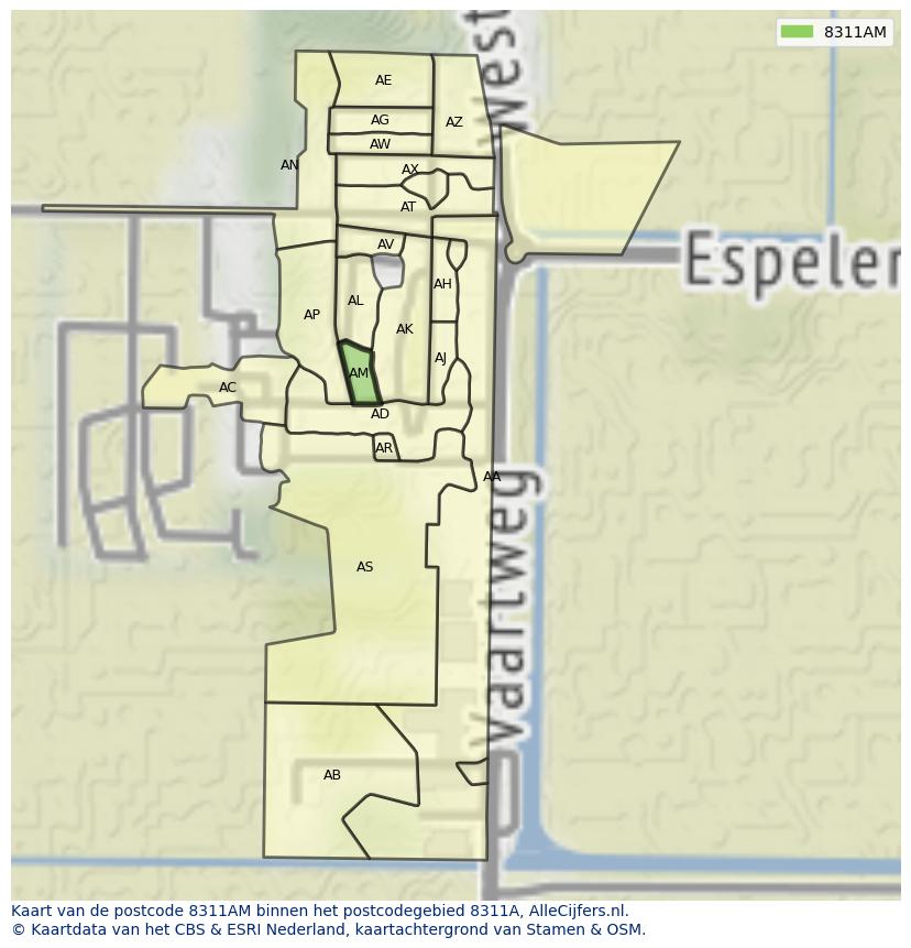 Afbeelding van het postcodegebied 8311 AM op de kaart.