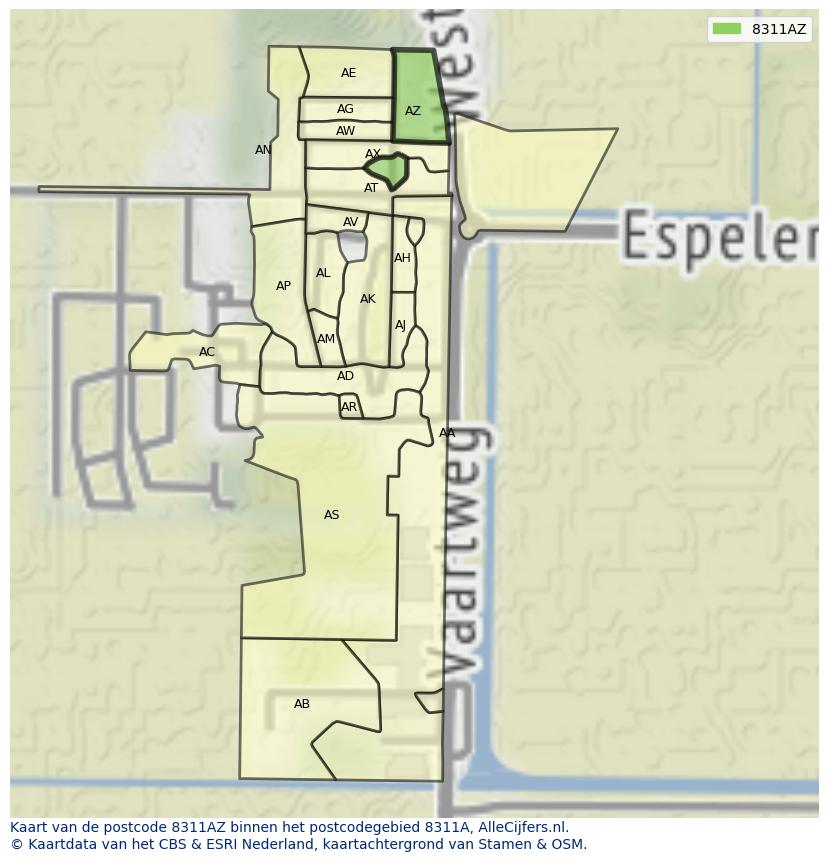 Afbeelding van het postcodegebied 8311 AZ op de kaart.