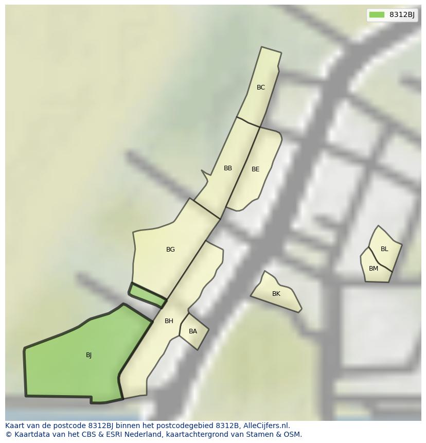 Afbeelding van het postcodegebied 8312 BJ op de kaart.