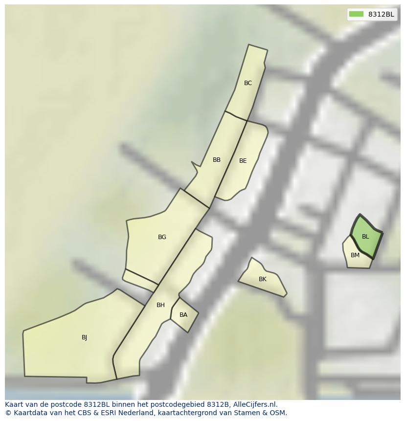 Afbeelding van het postcodegebied 8312 BL op de kaart.
