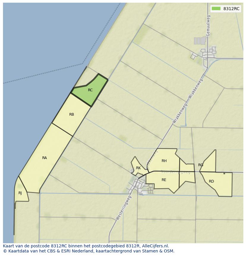 Afbeelding van het postcodegebied 8312 RC op de kaart.