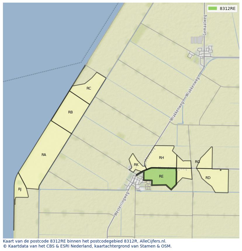 Afbeelding van het postcodegebied 8312 RE op de kaart.