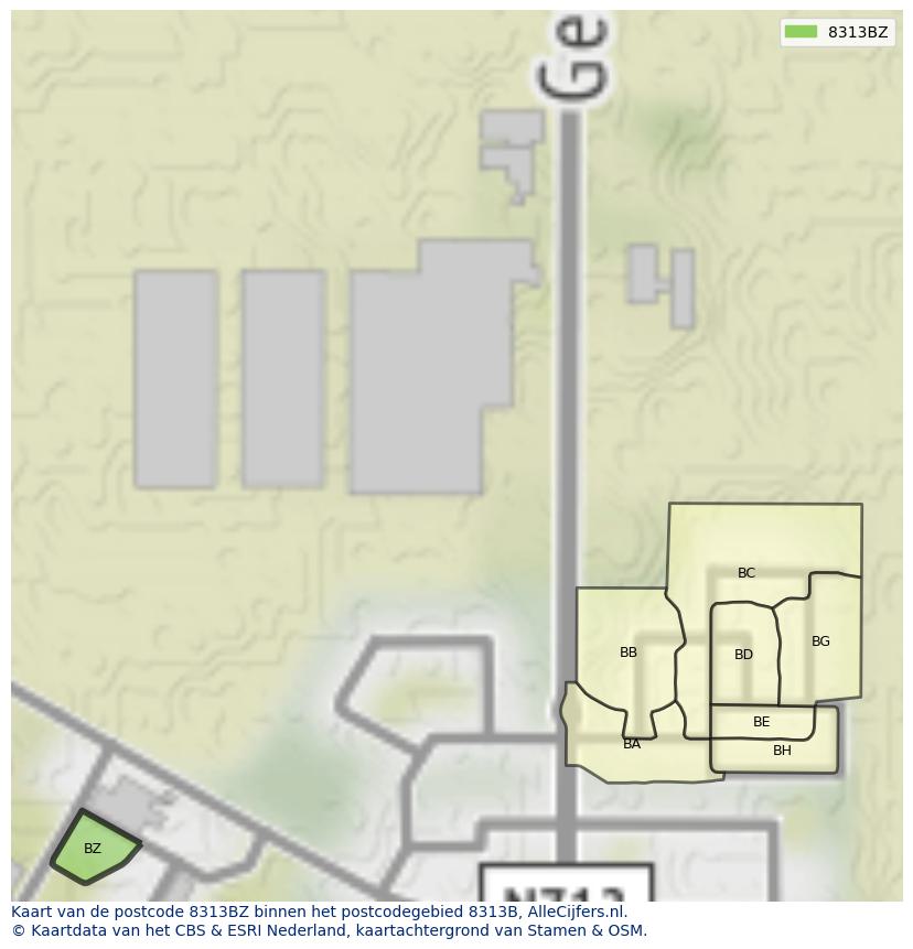 Afbeelding van het postcodegebied 8313 BZ op de kaart.