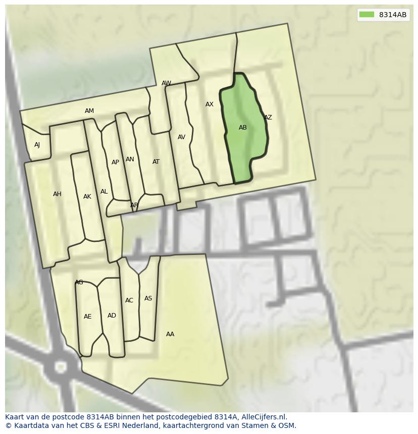 Afbeelding van het postcodegebied 8314 AB op de kaart.
