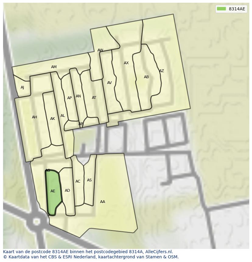 Afbeelding van het postcodegebied 8314 AE op de kaart.