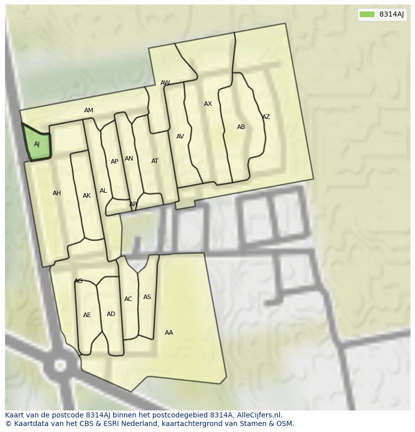 Afbeelding van het postcodegebied 8314 AJ op de kaart.