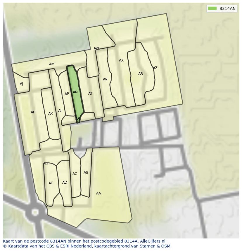 Afbeelding van het postcodegebied 8314 AN op de kaart.