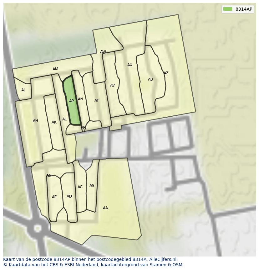 Afbeelding van het postcodegebied 8314 AP op de kaart.