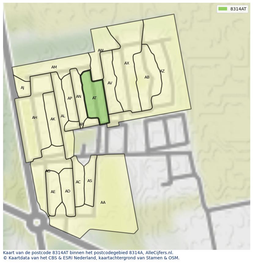 Afbeelding van het postcodegebied 8314 AT op de kaart.