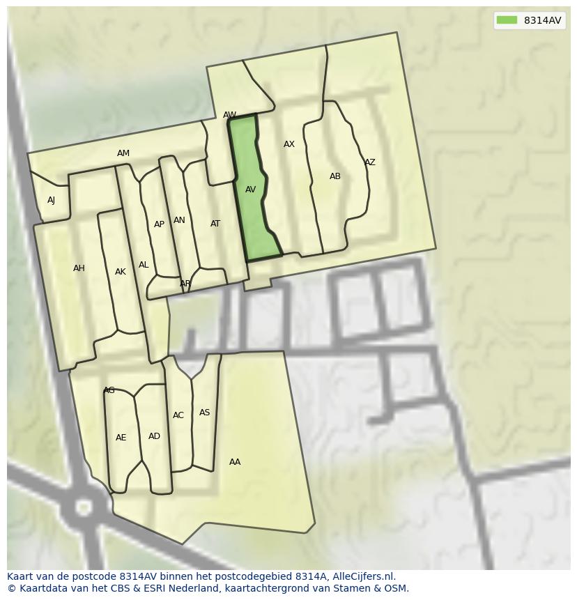 Afbeelding van het postcodegebied 8314 AV op de kaart.