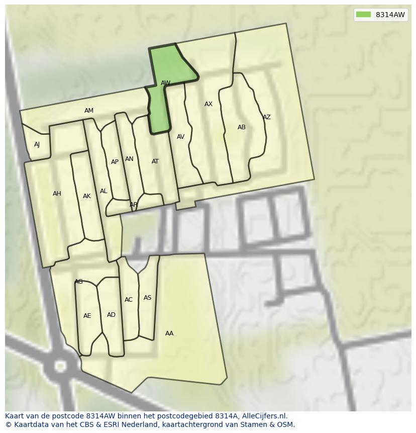 Afbeelding van het postcodegebied 8314 AW op de kaart.