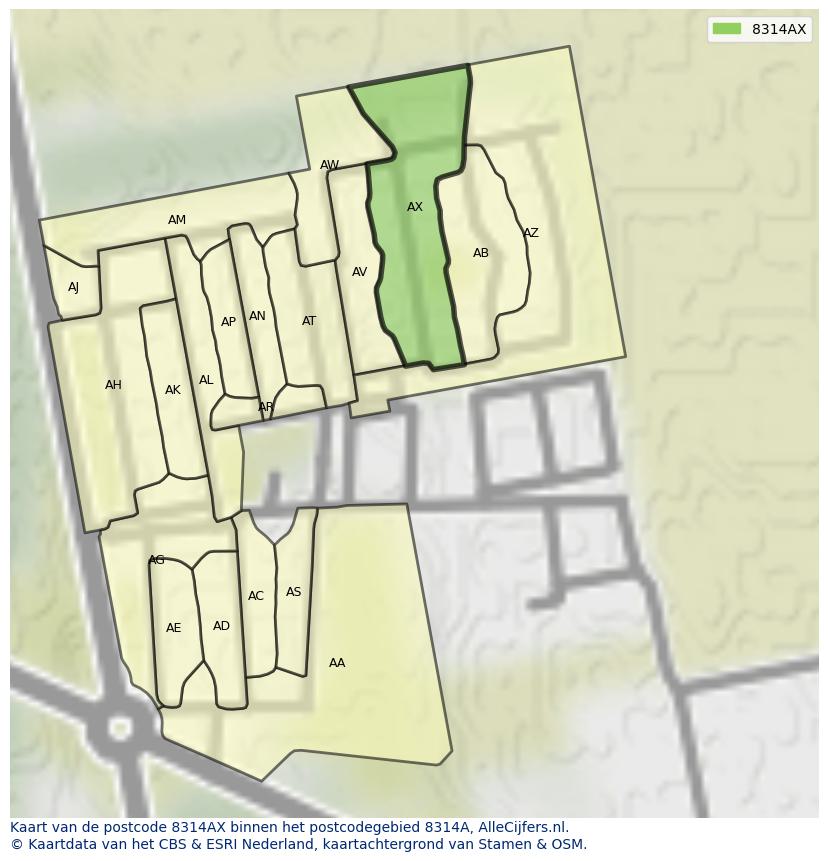 Afbeelding van het postcodegebied 8314 AX op de kaart.